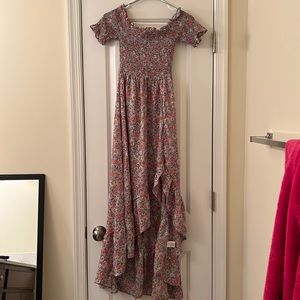 Blue Rain- Francesca’s flowy high-low dress. Blue with multiple colored accents